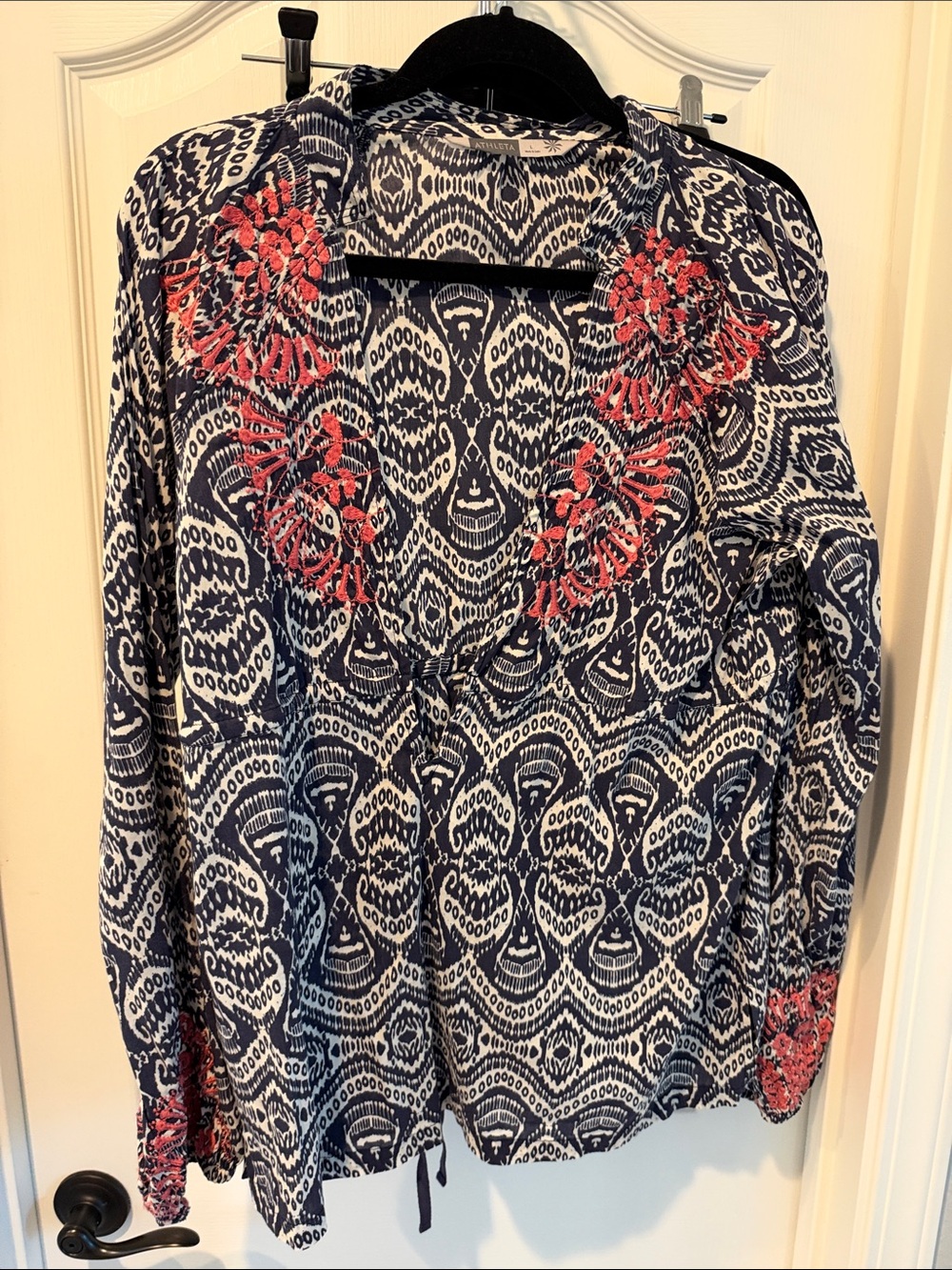Athleta Boho Embroidered Navy & White Long-Sleeve Women's Top with Coral Accents